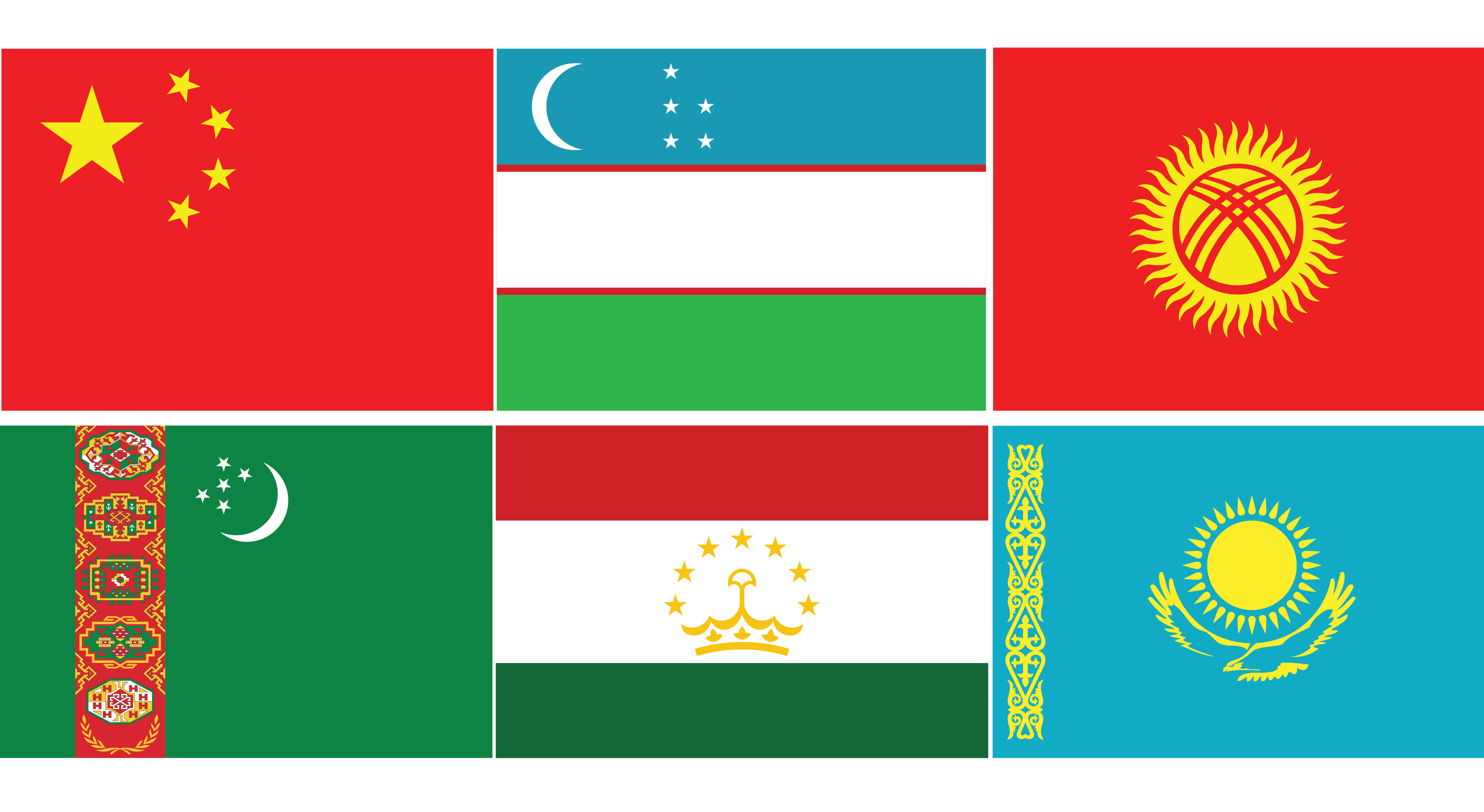 Flags of China, Uzbekistan, Kyrgyzstan, Turkmenistan, Tajikistan, and Kazakhstan in one frame
